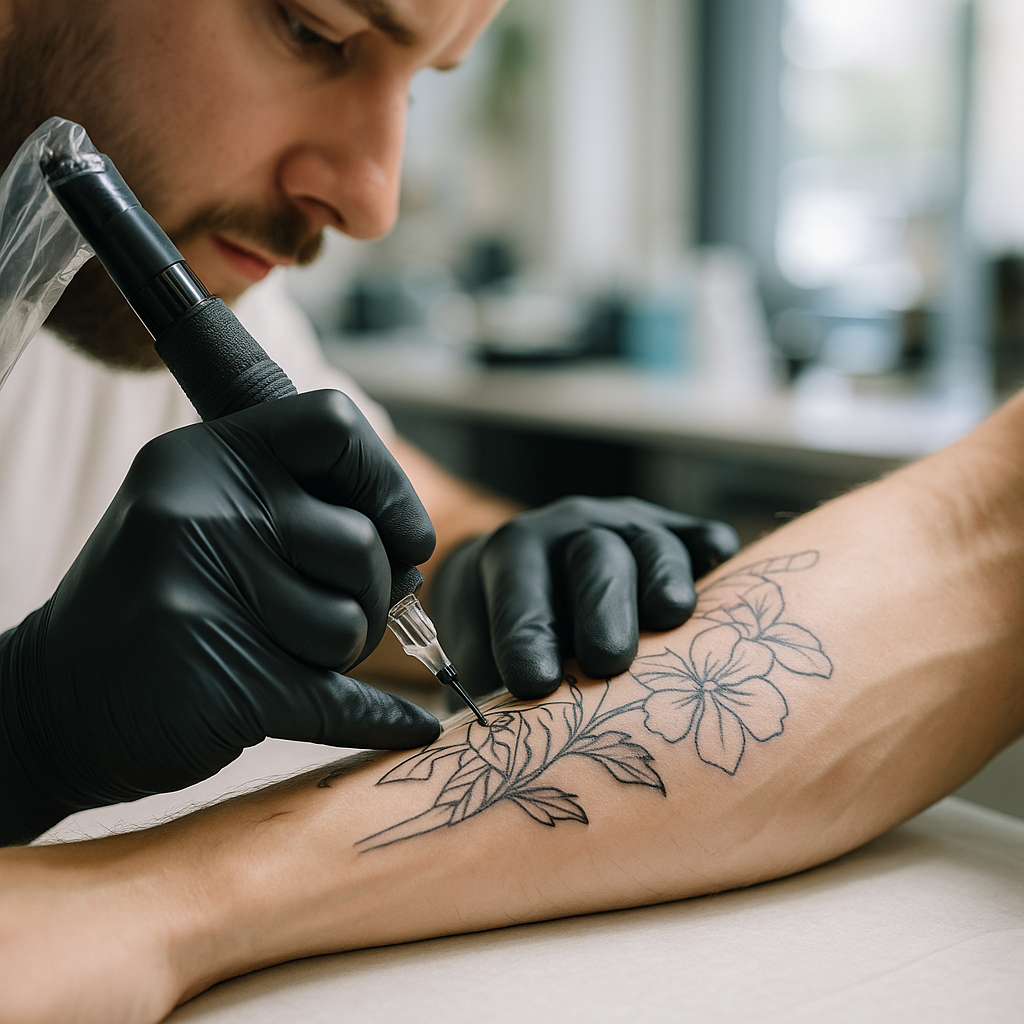 블랙워크 타투 작업 장면—문신 아티스트가 고객 팔에 바늘로 잉크를 넣는 근접 사진